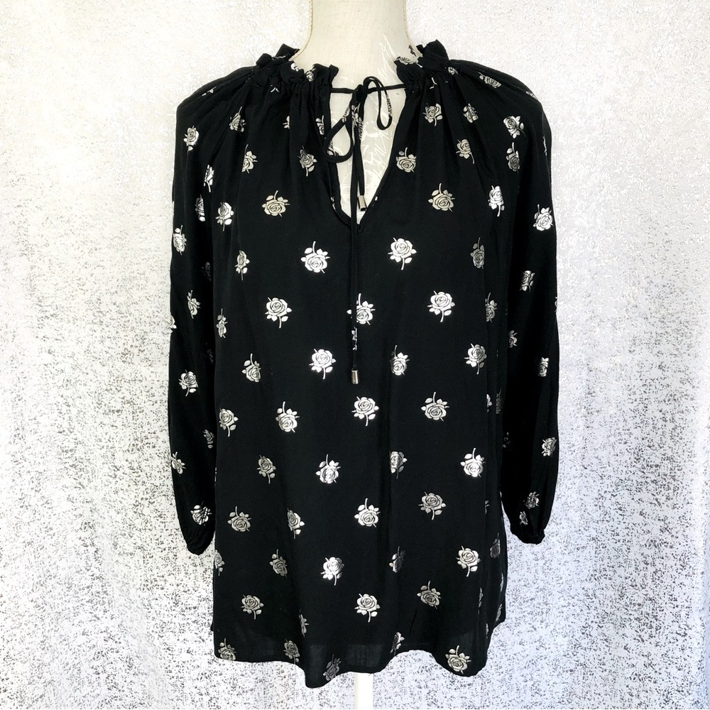 NWT HARVE BENARD Black & Silver Metallic Roses Tie Collar Blouse M - Picture 1 of 13